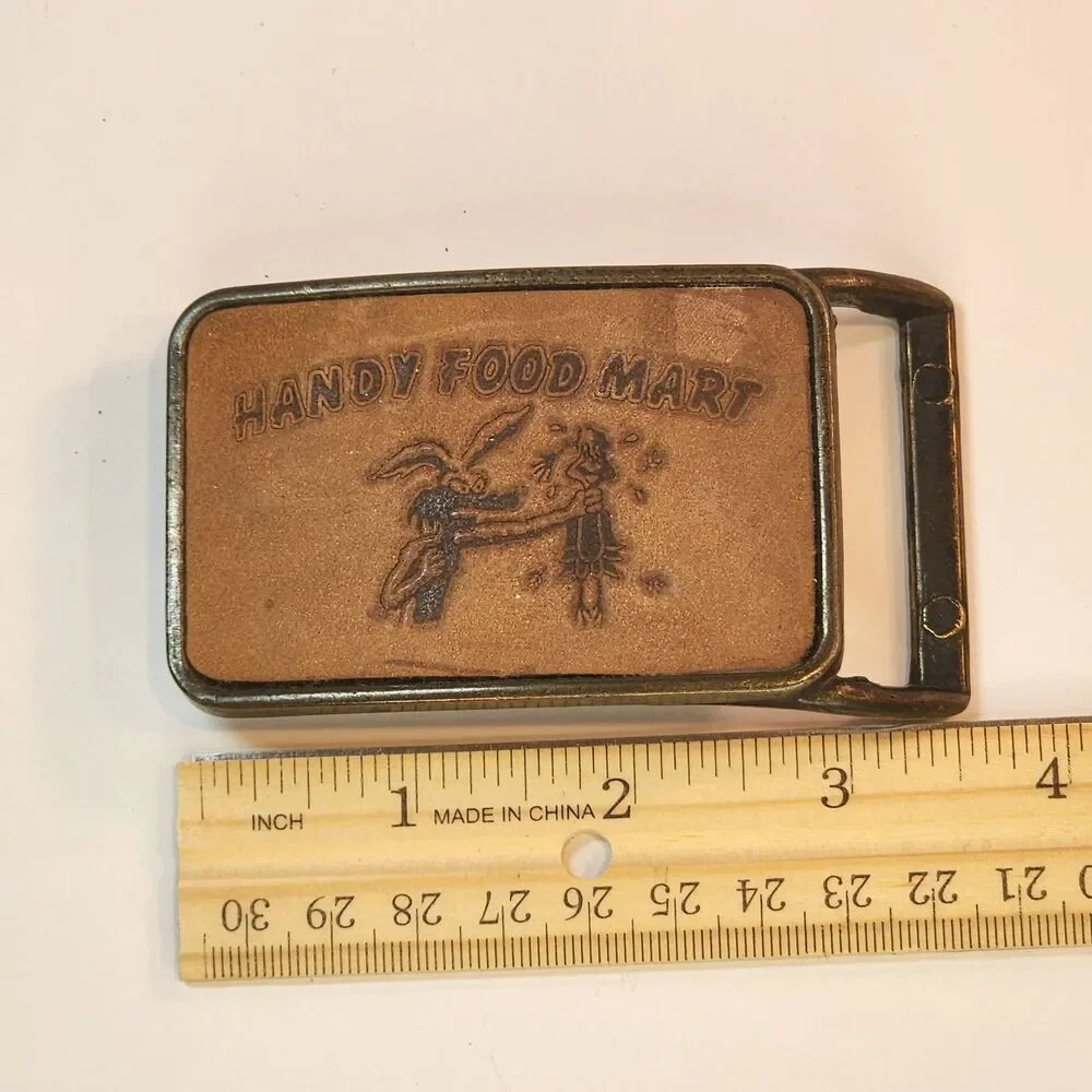 Vintage Handy Food Mart Belt Buckle Leather Brass? Looney Tunes Coyote Retro